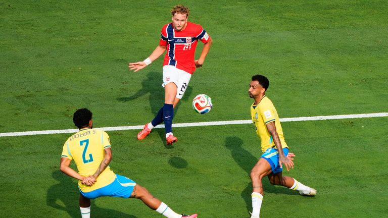Andreas Schjelderup provided the cross for Erling Haaland's opener against Brazil