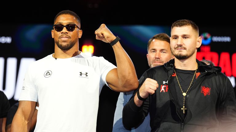 Anthony Joshua and Kristian Prenga at a press conference ahead of their fight