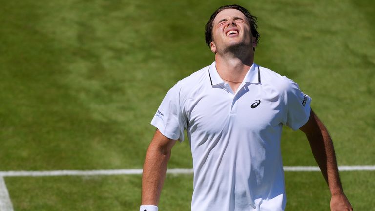 Arthur Fery of Britain reacts after winning the second round men's singles match against Otto Virtanen of Finland at the Wimbledon Tennis Ch