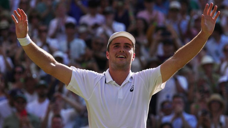 Arthur Fery of Britain reacts to winning against Flavio Cobolli of Italy in their quarter-final men's singles match at the Wimbledon Tennis Championships in London, Wednesday, July 8, 2026. (AP Photo/Brian Inganga)
