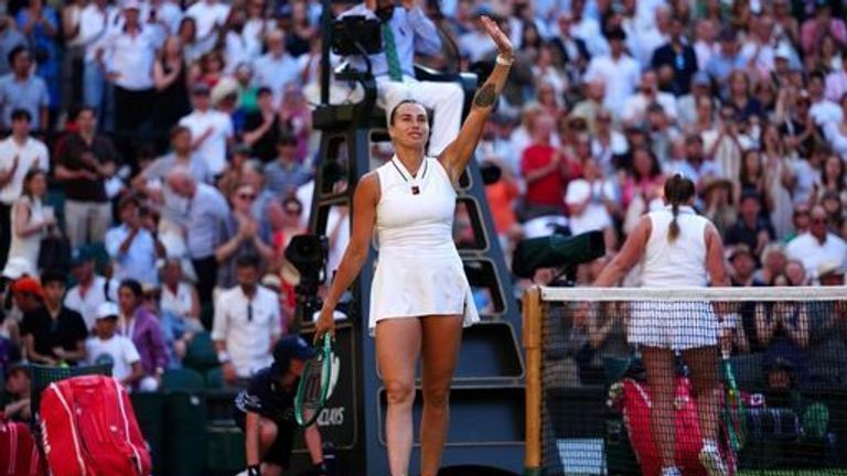 Aryna Sabalenka of Belarus celebrates following her Ladies' Singles match against Jelena Ostapenko of Latvia on day five of the 2026 Wimbled