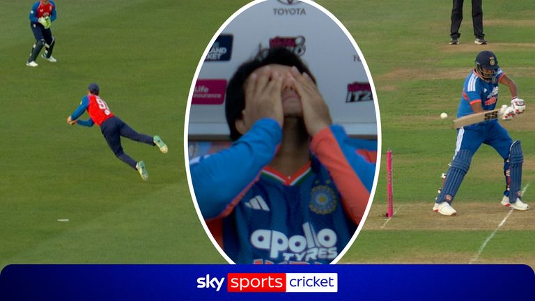 England continue being ruthless in the field as Tom Banton takes an outrageous catch to dismiss Harshit Rana as India fall apart at the crease. 