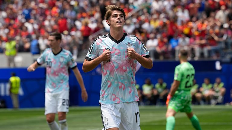 Belgium's Charles De Ketelaere (17) celebrates scoring their first goal during the World Cup quarterfinal soccer match between Spain and Belgium in Inglewood, Calif., near Los Angeles, Friday, July 10, 2026. (AP Photo/Gregory Bull)