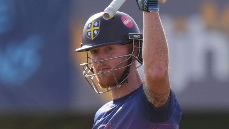 Ben Stokes celebrates his hundred in his first outing for Durham after retiring from England