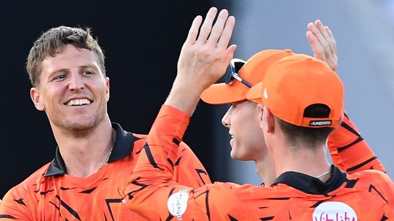 Brydon Carse (left) celebrates a wicket for SunRisers Leeds during The Hundred (Getty Images)