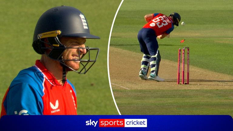 Prince Yadav bowls a fantastic yorker to dismiss England's Jos Buttler as the opener scored 36 runs off 20 balls. 