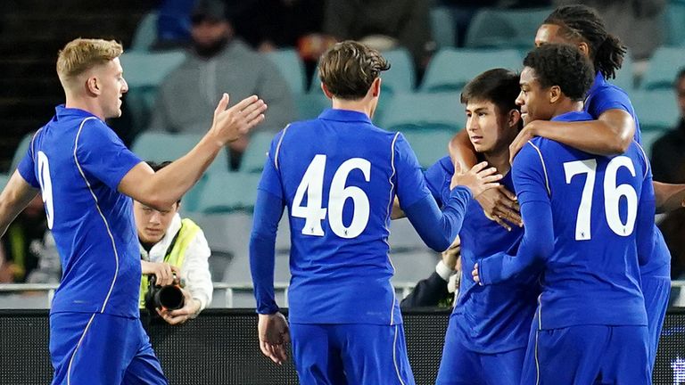Chelsea's Dastan Satpayev celebrates with team-mates after scoring their side's first goal 