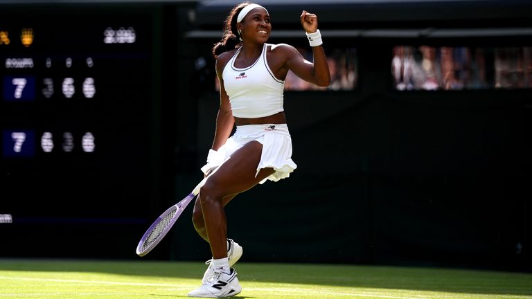 Coco Gauff of the United States celebrates victory following her Ladies' Singles match against Solana Sierra of Argentina on day three of th
