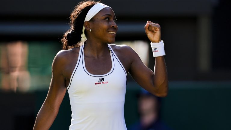 Coco Gauff of the United States reacts during her Ladies' Singles match against Claire Liu of the United States on day five of the 2026 Wimb