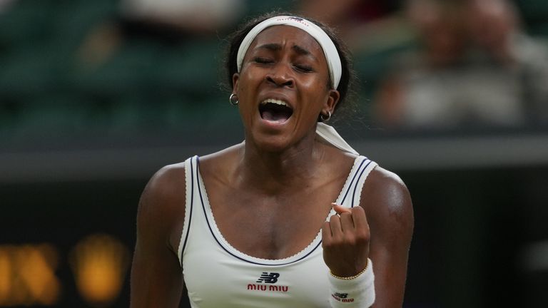Coco Gauff of the United States celebrates winning the second set against Belinda Bencic of Switzerland in their fourth round women's singles match at the Wimbledon Tennis Championships in London, Sunday, July 5, 2026. (AP Photo/Kin Cheung)