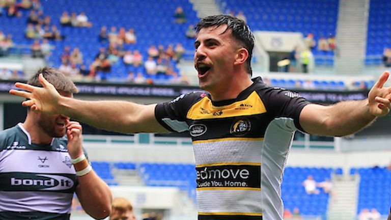 Cody Hunter celebrates after scoring for York Knights against Huddersfield Giants 