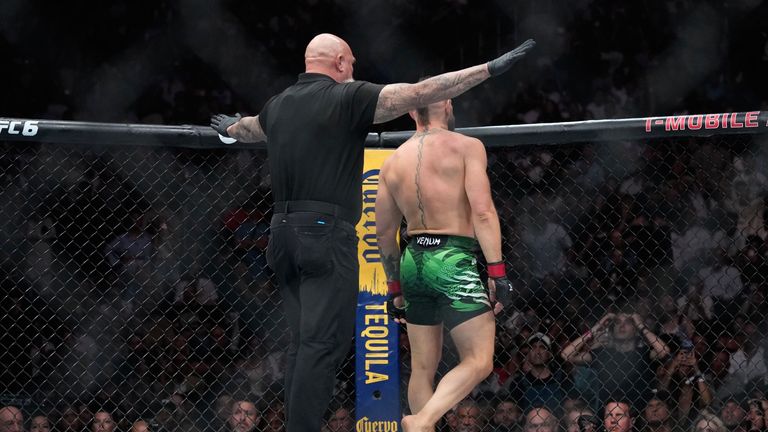 Conor McGregor reacts after he lost to Max Holloway at UFC 329 in Las Vegas. (AP Photo/John Locher)