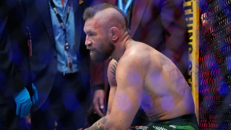 Conor McGregor reacts after losing to Max Holloway at UFC 329 in Las Vegas (AP Photo/John Locher)