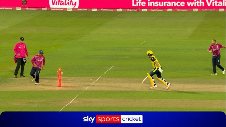 Liam Dawson was run out as Hampshire appeared to be closing in on victory over Northamptonshire in the Vitality Blast Men final.