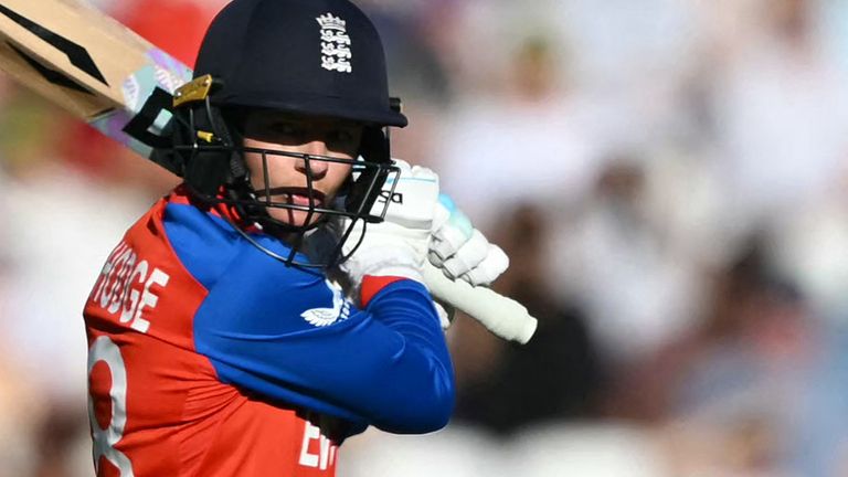 England's Danni Wyatt-Hodge watches the ball after playing a shot during the ICC Women's Twenty20 (T20) cricket world cup 2026 semi-final game between England and South Africa, at The Oval in London on July 2, 2026. (Photo by JUSTIN TALLIS / AFP)