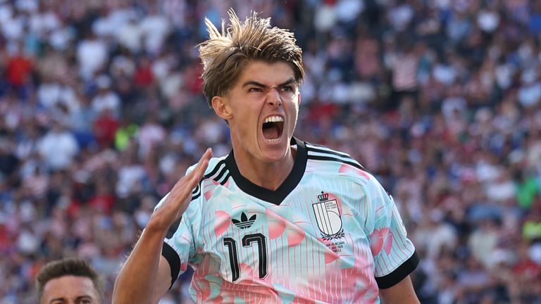 Belgium's Charles De Ketelaere (17) celebrates after scoring his side's opening goal during the World Cup round of 16 soccer match between the United States and Belgium in Seattle, Monday, July 6, 2026. (AP Photo/Maddy Grassy)