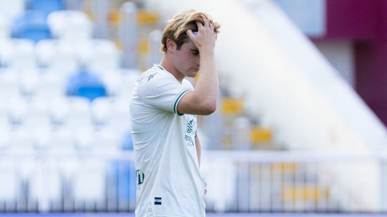 PRISTINA, KOSOVO - JULY 23: Hibernian's Nathan Lowe looks dejected as Malisheva's Valmir Nafiu scores to make it 2-0 during a UEFA Conference League Second Qualifying Round First Leg match between KF Malisheva and Hibernian at Fadil Vokrri Stadium, on July 23, 2026 in Pristina, Kosovo. (Photo by Filip Krstic / SNS Group)