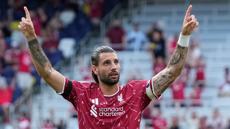 Liverpool midfielder Dominik Szoboszlai, celebrates after scoring his side's second goal during the second half of a preseason club friendly Premier League soccer match against Sunderland AFC, Saturday, July 25, 2026, in Nashville, Tenn. (AP Photo/George Walker IV)