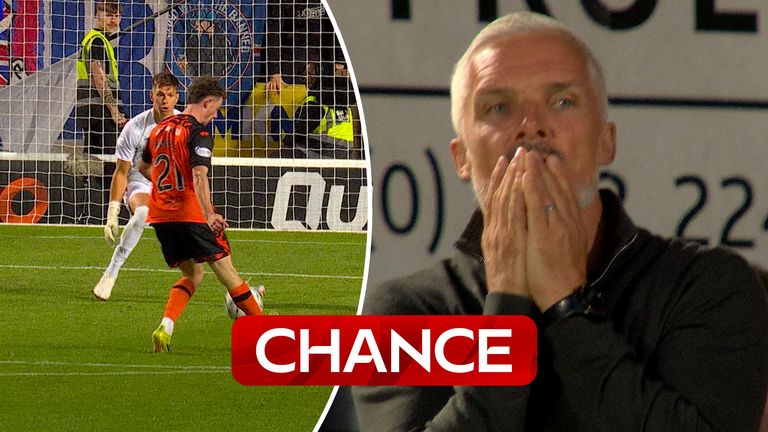  
Dundee United's Jesse Randall misses a big chance to give the home side a late 2-1 lead over Rangers. 
