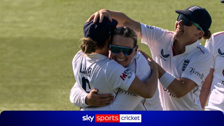 Sophie Ecclestone claims the breakthrough wicket against India. 