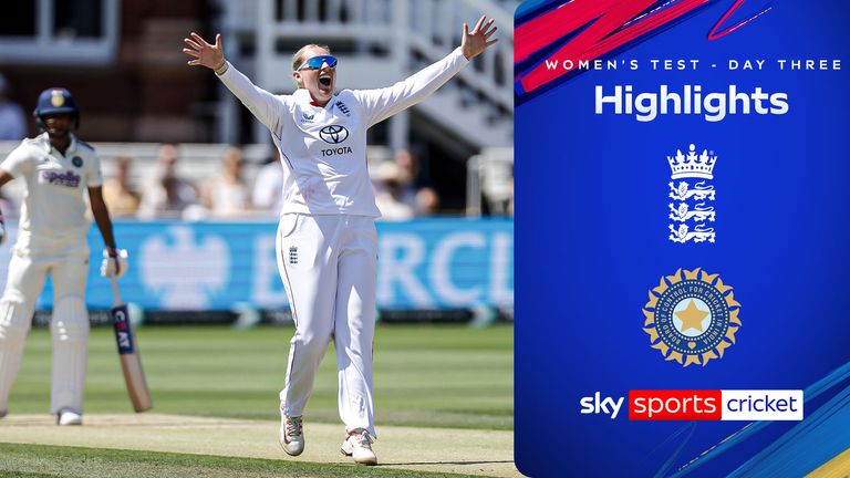 England's Sophie Ecclestone appeals for the wicket of India's Harmanpreet Kaur, which was given after review