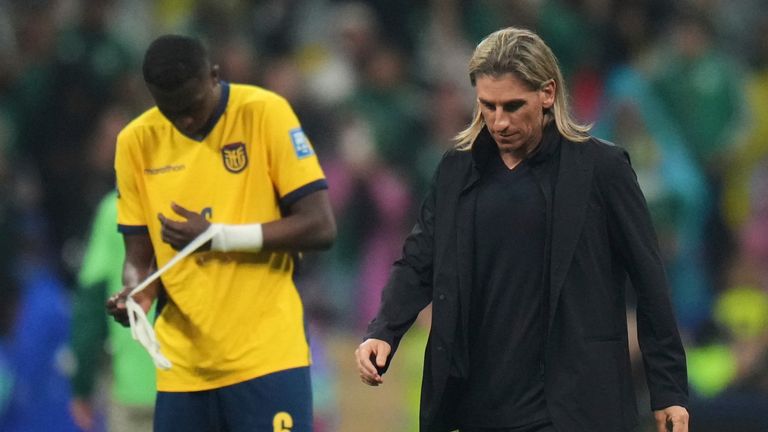 Ecuador head coach Sebastian Beccacece reacts at the end of the World Cup round of 32 soccer match between Mexico and Ecuador in Mexico City, Tuesday, June 30, 2026. (AP Photo/Eduardo Verdugo)
