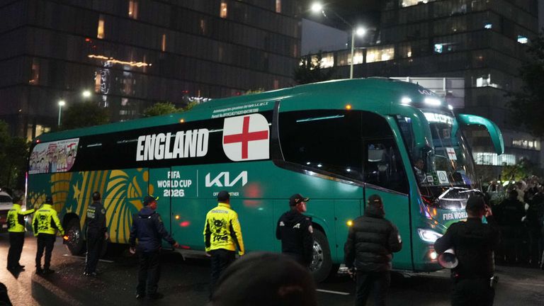 The England team bus arrives at a hotel in Mexico City ahead of England's World Cup round of 16 soccer match against Mexico