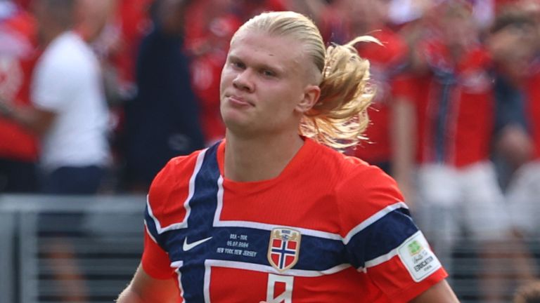 Norway's Erling Haaland celebrates after scoring against Brazil (AP Photo/Pamela Smith)