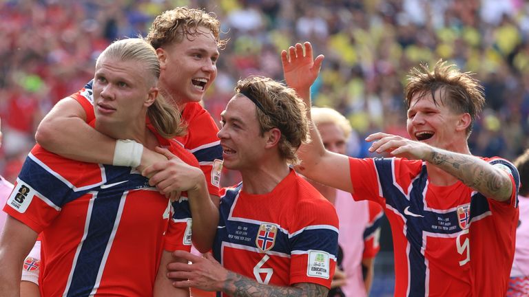 Norway's Erling Haaland celebrates with team-mates after scoring his second goal against Brazil (AP Photo/Pamela Smith)