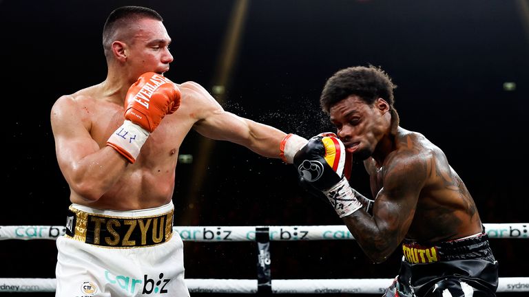 Tim Tszyu connects with Errol Spence Jr during their bout in Sydney (Brendon Thorne/Getty Images)