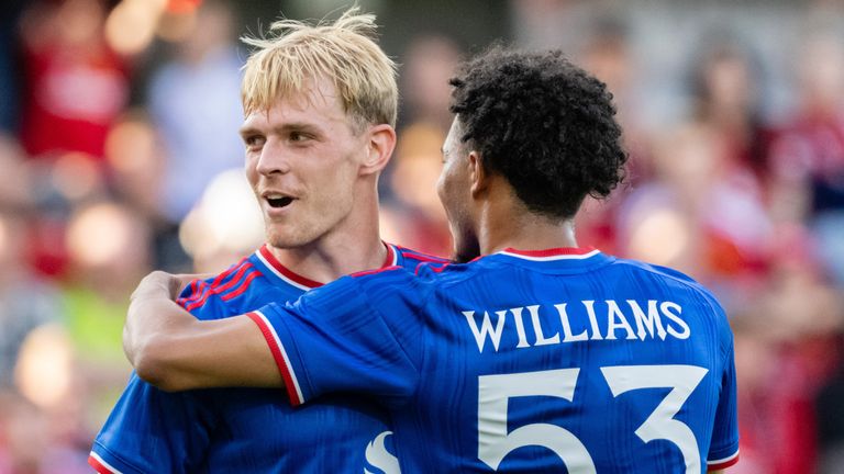 Ethan Williams celebrates scoring Man Utd's fifth goal 