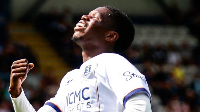verton's Thierno Barry celebrates after scoring to make it 2-0 during a pre-season friendly match between Dundee and Everton at Dens Park