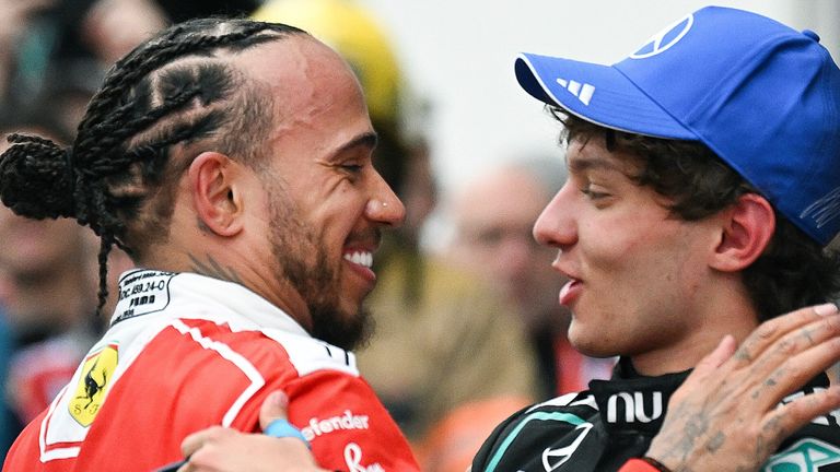 Lewis Hamilton and Kimi Antonelli (Graham Hughes/The Canadian Press via AP)