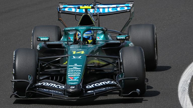 Spain's Fernando Alonso steers his Aston Martin during the first practice session ahead of Sunday's Formula One Hungarian Grand Prix auto race, at the Hungaroring racetrack in Mogyorod, near Budapest, Hungary, Friday, July 24, 2026. (AP Photo/Darko Vojinovic)