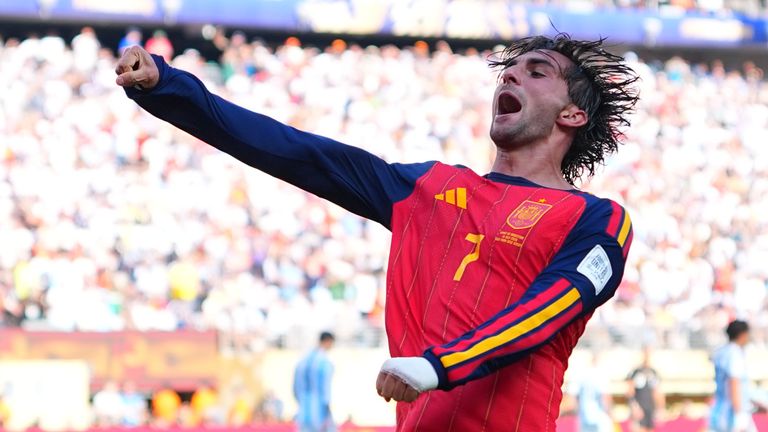 Spain's Ferran Torres celebrates scoring their winning goal in the World Cup final