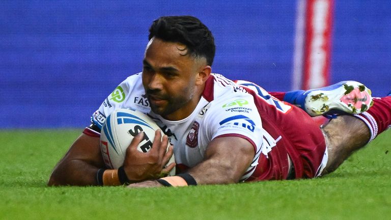 Bevan French of Wigan scoring a try