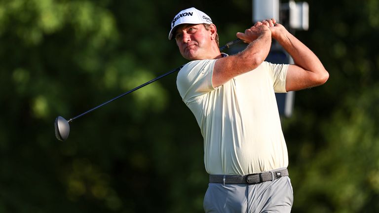 Lucas Glover of the United States hits his tee shot on the 11th tee during the first round of the 2026 3M Open 