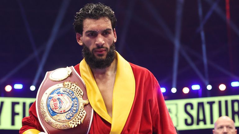 Hamzah Sheeraz poses for photo with his belt following victory over Simon Zachenhuber after the WBO World Super Middleweight title fight bet