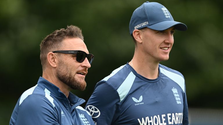 Brendon McCullum (left) and Harry Brook (right) during England cricket training (Getty Images)