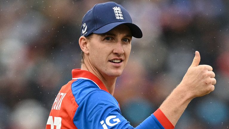 England's Harry Brook gestures during the first Twenty20 (T20) international cricket match between England and India at the Riverside Ground in Chester-le-Street, north-east England on July 1, 2026. (Photo by Oli SCARFF / AFP) / RESTRICTED TO EDITORIAL USE. NO ASSOCIATION WITH DIRECT COMPETITOR OF SPONSOR, PARTNER, OR SUPPLIER OF THE ECB