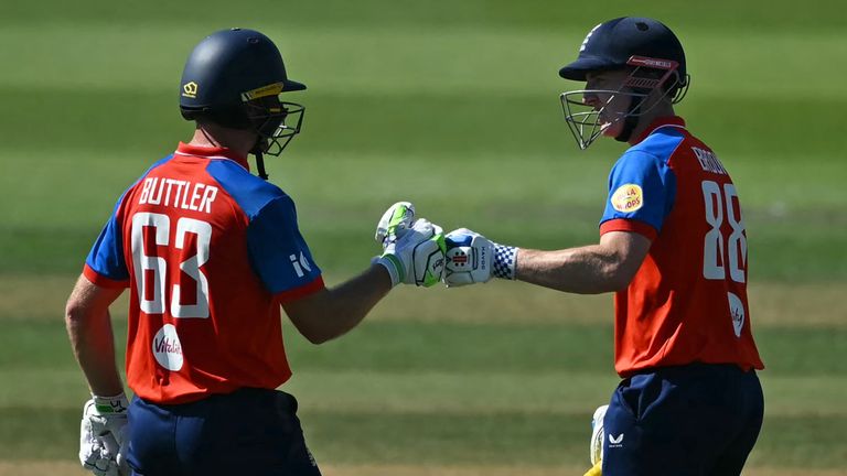 England's Jos Buttler (L) and England's Harry Brook (R) celebrate their 150 run partnership during the fifth Twenty20 (T20) International cricket match between England and India at Utilita Bowl in Southampton on July 11, 2026. (Photo by JUSTIN TALLIS / AFP) / RESTRICTED TO EDITORIAL USE. NO ASSOCIATION WITH DIRECT COMPETITOR OF SPONSOR, PARTNER, OR SUPPLIER OF THE ECB