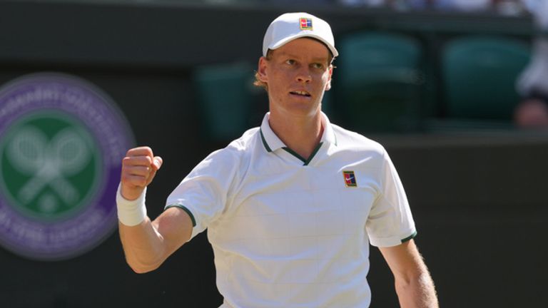 Jannik Sinner of Italy celebrates his victory against Jan-Lennard Struff of Germany in the quarter-final men's singles competition of the Wimbledon Tennis Championships in London, Tuesday, July 7, 2026. (AP Photo/Kin Cheung)
