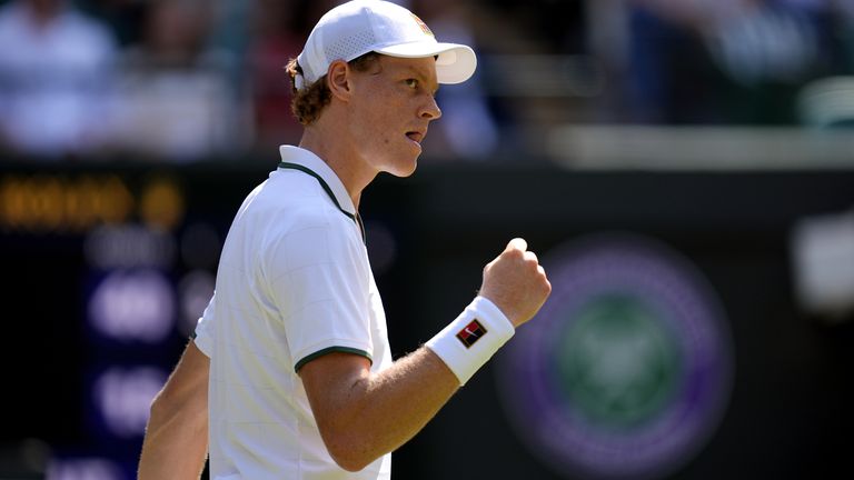 Jannik Sinner of Italy reacts during his Gentlemen's Singles match against Jenson Brooksby of the United States on day five of the 2026 Wimb