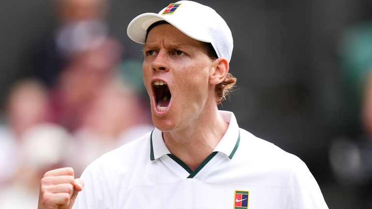 Jannik Sinner of Italy celebrates breaking his opponents serve during his Gentlemen's Singles match against Nuno Borges of Portugal on day t