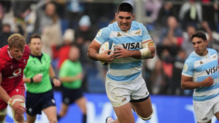 Argentina's Joaquin Oviedo scores a try against Wales during a Nations Championship rugby match(AP Photo/Gustavo Garello)