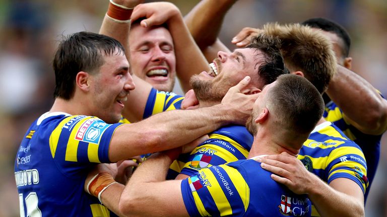  Joe Philbin of Warrington Wolves celebrates scoring their fifth try