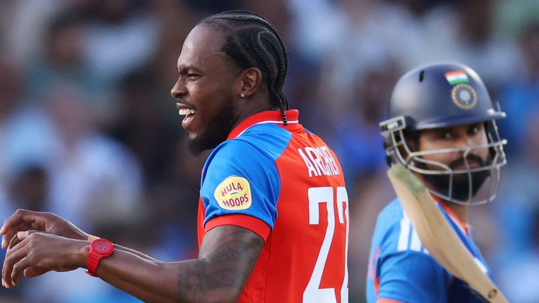 Jofra Archer celebrates a wicket during the third T20I between England and India at Trent Bridge