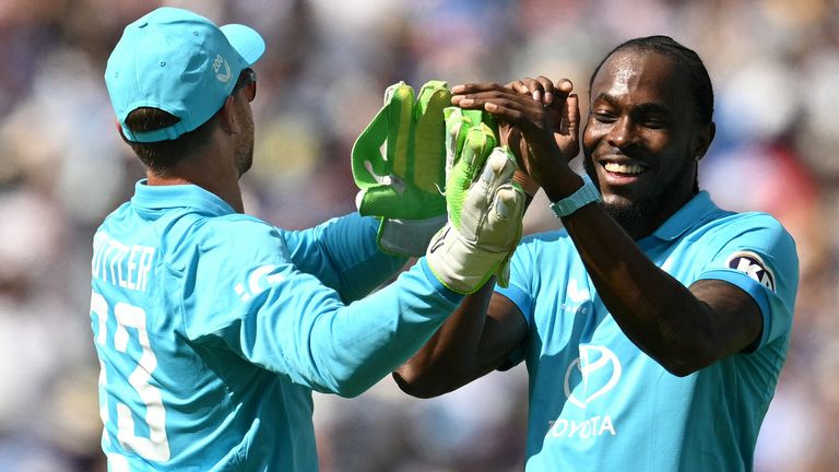 England's Jos Buttler (left) and Jofra Archer (right) are missing the tri-series through injury and rest respectively