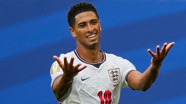 England's Jude Bellingham celebrates scoring their sixth goal during the World Cup third-place soccer match between France and England