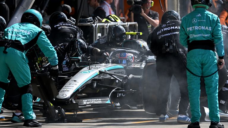 Mercedes driver Andrea Kimi Antonelli of Italy in the pit stop during the British F1 Grand Prix, in Silverstone, England, Sunday, July 5, 2026. (Peter Powell/Pool..via AP)